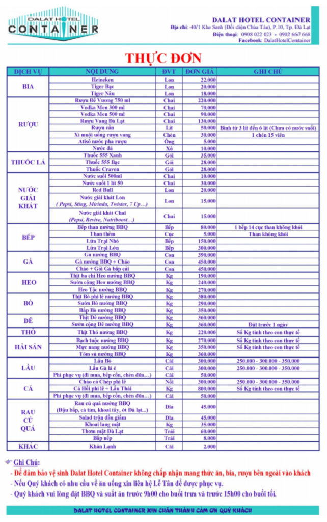 Menu đa dạng món ăn, thức uống ở container homestay