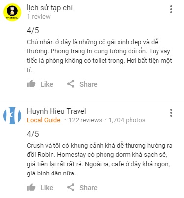 Review homestay Crush Và Tôi Đà lạt trên Google Maps